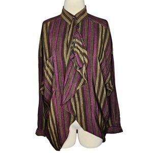 Vintage Matisse 100% Silk Striped Blouse Scarf Neck Purple Olive Gold Top Sz 8